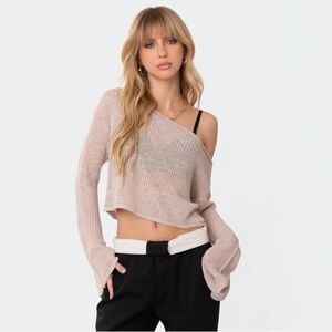 Edikted Beige Off-the-Shoulder Knit Cropped Sweater